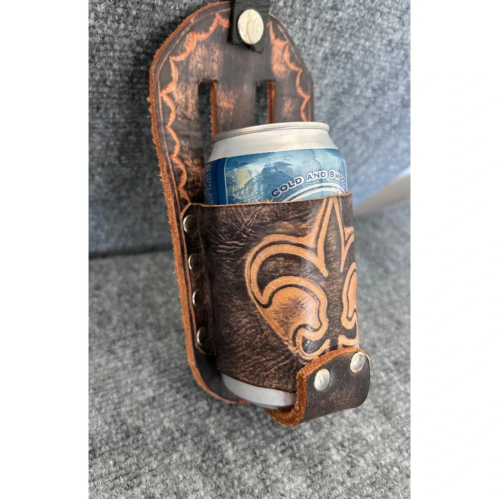 Handmade Leather Beer Holster Fleur De Lis Embossed Belt Beverage Holder Brown